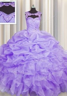 Clearance Scoop Lavender Ball Gowns Beading and Pick Ups Quinceanera Gowns Lace Up Organza Sleeveless Floor Length