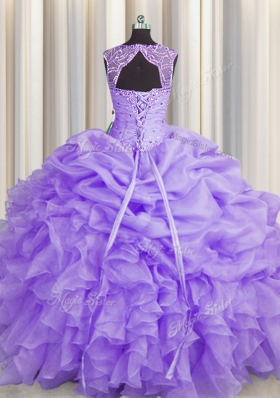 Clearance Scoop Lavender Ball Gowns Beading and Pick Ups Quinceanera Gowns Lace Up Organza Sleeveless Floor Length