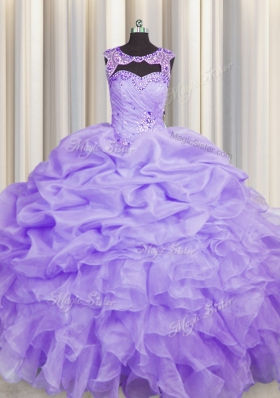 Clearance Scoop Lavender Ball Gowns Beading and Pick Ups Quinceanera Gowns Lace Up Organza Sleeveless Floor Length