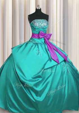 Comfortable Turquoise Strapless Lace Up Beading and Ruching and Bowknot Quinceanera Gowns Sleeveless