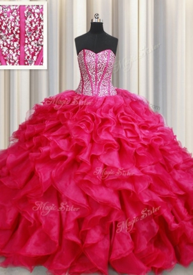 Coral Red Organza Lace Up Quince Ball Gowns Sleeveless With Brush Train Beading and Ruffles