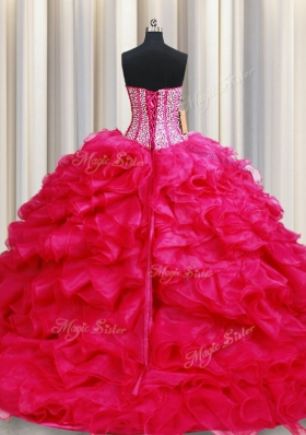 Coral Red Organza Lace Up Quince Ball Gowns Sleeveless With Brush Train Beading and Ruffles