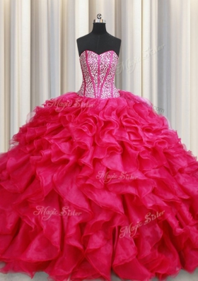 Coral Red Organza Lace Up Quince Ball Gowns Sleeveless With Brush Train Beading and Ruffles