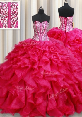 Coral Red Organza Lace Up Quince Ball Gowns Sleeveless With Brush Train Beading and Ruffles
