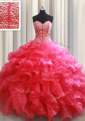 Coral Red Sleeveless Floor Length Beading and Ruffles Lace Up Quinceanera Dress