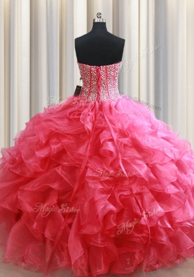 Coral Red Sleeveless Floor Length Beading and Ruffles Lace Up Quinceanera Dress