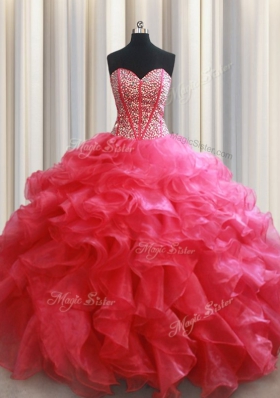 Coral Red Sleeveless Floor Length Beading and Ruffles Lace Up Quinceanera Dress