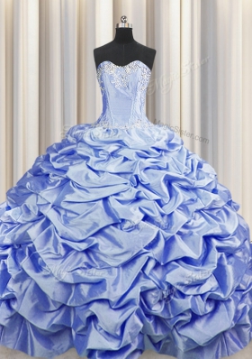 Custom Fit Brush Train Lavender Ball Gowns Beading and Pick Ups Vestidos de Quinceanera Lace Up Taffeta Sleeveless