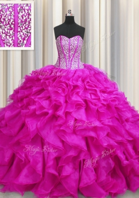 Custom Fit Visible Boning Sweetheart Sleeveless Sweet 16 Dress Brush Train Beading and Ruffles Fuchsia Organza
