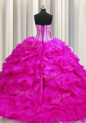 Custom Fit Visible Boning Sweetheart Sleeveless Sweet 16 Dress Brush Train Beading and Ruffles Fuchsia Organza