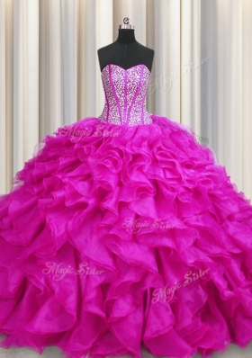Custom Fit Visible Boning Sweetheart Sleeveless Sweet 16 Dress Brush Train Beading and Ruffles Fuchsia Organza