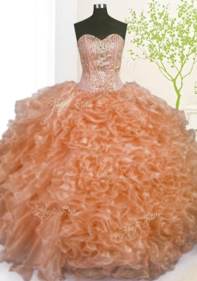 Customized Organza Sweetheart Sleeveless Lace Up Beading and Ruffles and Pick Ups 15 Quinceanera Dress in Orange