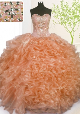 Customized Organza Sweetheart Sleeveless Lace Up Beading and Ruffles and Pick Ups 15 Quinceanera Dress in Orange