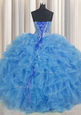 Delicate Visible Boning Baby Blue Lace Up Quince Ball Gowns Beading and Ruffles and Sashes|ribbons Sleeveless Floor Length