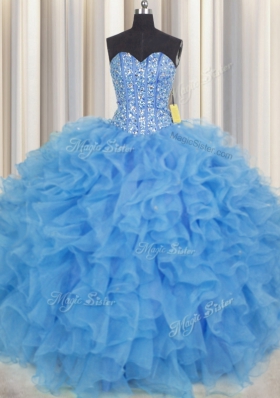 Delicate Visible Boning Baby Blue Lace Up Quince Ball Gowns Beading and Ruffles and Sashes|ribbons Sleeveless Floor Length