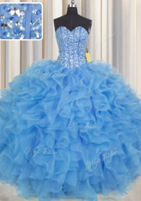 Delicate Visible Boning Baby Blue Lace Up Quince Ball Gowns Beading and Ruffles and Sashes|ribbons Sleeveless Floor Length