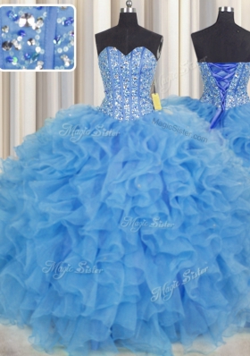 Delicate Visible Boning Baby Blue Lace Up Quince Ball Gowns Beading and Ruffles and Sashes|ribbons Sleeveless Floor Length