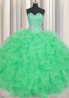 Dynamic Visible Boning Sleeveless Floor Length Beading and Ruffles Lace Up 15 Quinceanera Dress with Green