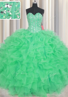 Dynamic Visible Boning Sleeveless Floor Length Beading and Ruffles Lace Up 15 Quinceanera Dress with Green