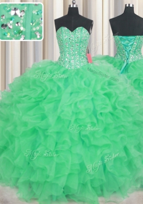 Dynamic Visible Boning Sleeveless Floor Length Beading and Ruffles Lace Up 15 Quinceanera Dress with Green