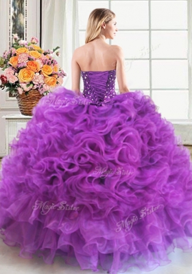 Eggplant Purple Lace Up Quinceanera Gowns Beading and Ruffles Sleeveless Floor Length