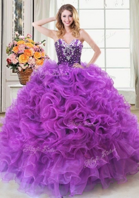 Eggplant Purple Lace Up Quinceanera Gowns Beading and Ruffles Sleeveless Floor Length