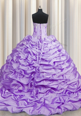 Elegant Brush Train Lavender Taffeta Lace Up Sweetheart Sleeveless With Train Quinceanera Gowns Sweep Train Beading and Pick Ups