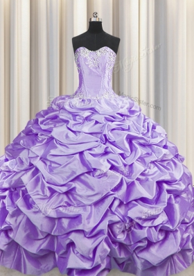 Elegant Brush Train Lavender Taffeta Lace Up Sweetheart Sleeveless With Train Quinceanera Gowns Sweep Train Beading and Pick Ups