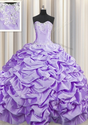 Elegant Brush Train Lavender Taffeta Lace Up Sweetheart Sleeveless With Train Quinceanera Gowns Sweep Train Beading and Pick Ups