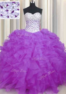 Enchanting Lilac Organza Lace Up Sweet 16 Quinceanera Dress Sleeveless Floor Length Beading and Ruffles