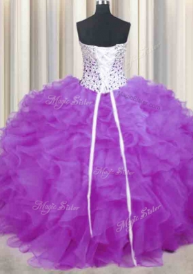 Enchanting Lilac Organza Lace Up Sweet 16 Quinceanera Dress Sleeveless Floor Length Beading and Ruffles