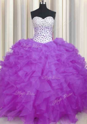 Enchanting Lilac Organza Lace Up Sweet 16 Quinceanera Dress Sleeveless Floor Length Beading and Ruffles