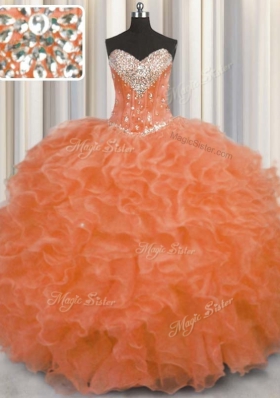 Enchanting Orange Red Vestidos de Quinceanera Military Ball and Sweet 16 and Quinceanera and For with Beading and Ruffles Sweetheart Sleeveless Lace Up