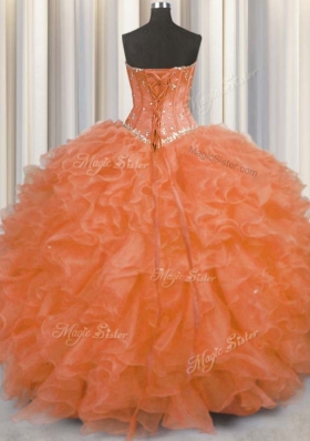 Enchanting Orange Red Vestidos de Quinceanera Military Ball and Sweet 16 and Quinceanera and For with Beading and Ruffles Sweetheart Sleeveless Lace Up