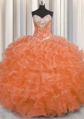 Enchanting Orange Red Vestidos de Quinceanera Military Ball and Sweet 16 and Quinceanera and For with Beading and Ruffles Sweetheart Sleeveless Lace Up