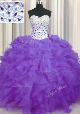 Fashionable Lavender Sleeveless Beading and Ruffles Floor Length Quinceanera Gown