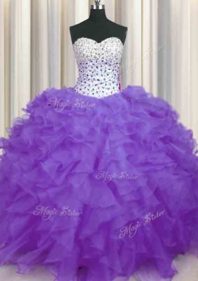 Fashionable Lavender Sleeveless Beading and Ruffles Floor Length Quinceanera Gown