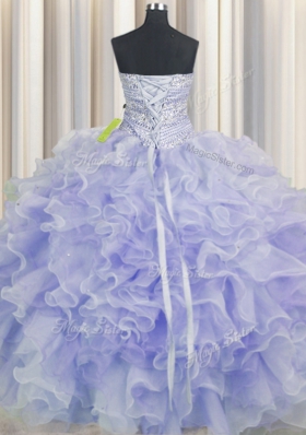 Fashionable Purple Ball Gowns Organza Sweetheart Sleeveless Beading and Ruffles Floor Length Lace Up Quinceanera Gowns