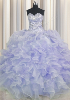 Fashionable Purple Ball Gowns Organza Sweetheart Sleeveless Beading and Ruffles Floor Length Lace Up Quinceanera Gowns