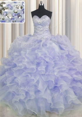 Fashionable Purple Ball Gowns Organza Sweetheart Sleeveless Beading and Ruffles Floor Length Lace Up Quinceanera Gowns