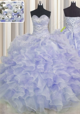 Fashionable Purple Ball Gowns Organza Sweetheart Sleeveless Beading and Ruffles Floor Length Lace Up Quinceanera Gowns