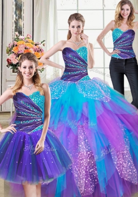 Fashionable Three Piece Multi-color Sweetheart Lace Up Beading and Ruffles Sweet 16 Dresses Sleeveless
