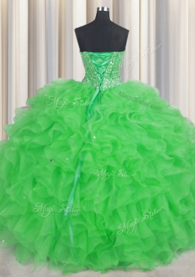 Fine Visible Boning Sleeveless Floor Length Beading and Ruffles Lace Up 15 Quinceanera Dress with Green