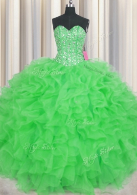 Fine Visible Boning Sleeveless Floor Length Beading and Ruffles Lace Up 15 Quinceanera Dress with Green