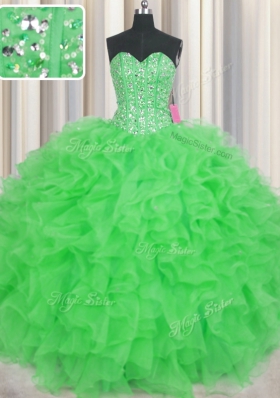 Fine Visible Boning Sleeveless Floor Length Beading and Ruffles Lace Up 15 Quinceanera Dress with Green