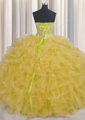 Flirting Visible Boning Floor Length Lace Up Sweet 16 Dress Yellow and In for Military Ball and Sweet 16 and Quinceanera with Beading and Ruffles and Sashes|ribbons