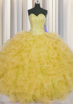 Flirting Visible Boning Floor Length Lace Up Sweet 16 Dress Yellow and In for Military Ball and Sweet 16 and Quinceanera with Beading and Ruffles and Sashes|ribbons