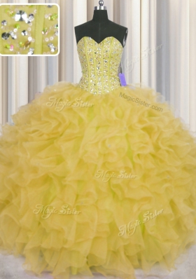 Flirting Visible Boning Floor Length Lace Up Sweet 16 Dress Yellow and In for Military Ball and Sweet 16 and Quinceanera with Beading and Ruffles and Sashes|ribbons