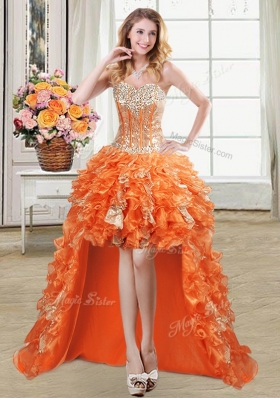 Four Piece Orange Sleeveless Floor Length Beading and Ruffles and Sequins Lace Up Quinceanera Gown