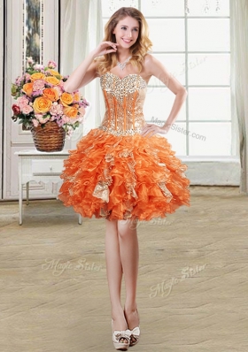 Four Piece Orange Sleeveless Floor Length Beading and Ruffles and Sequins Lace Up Quinceanera Gown